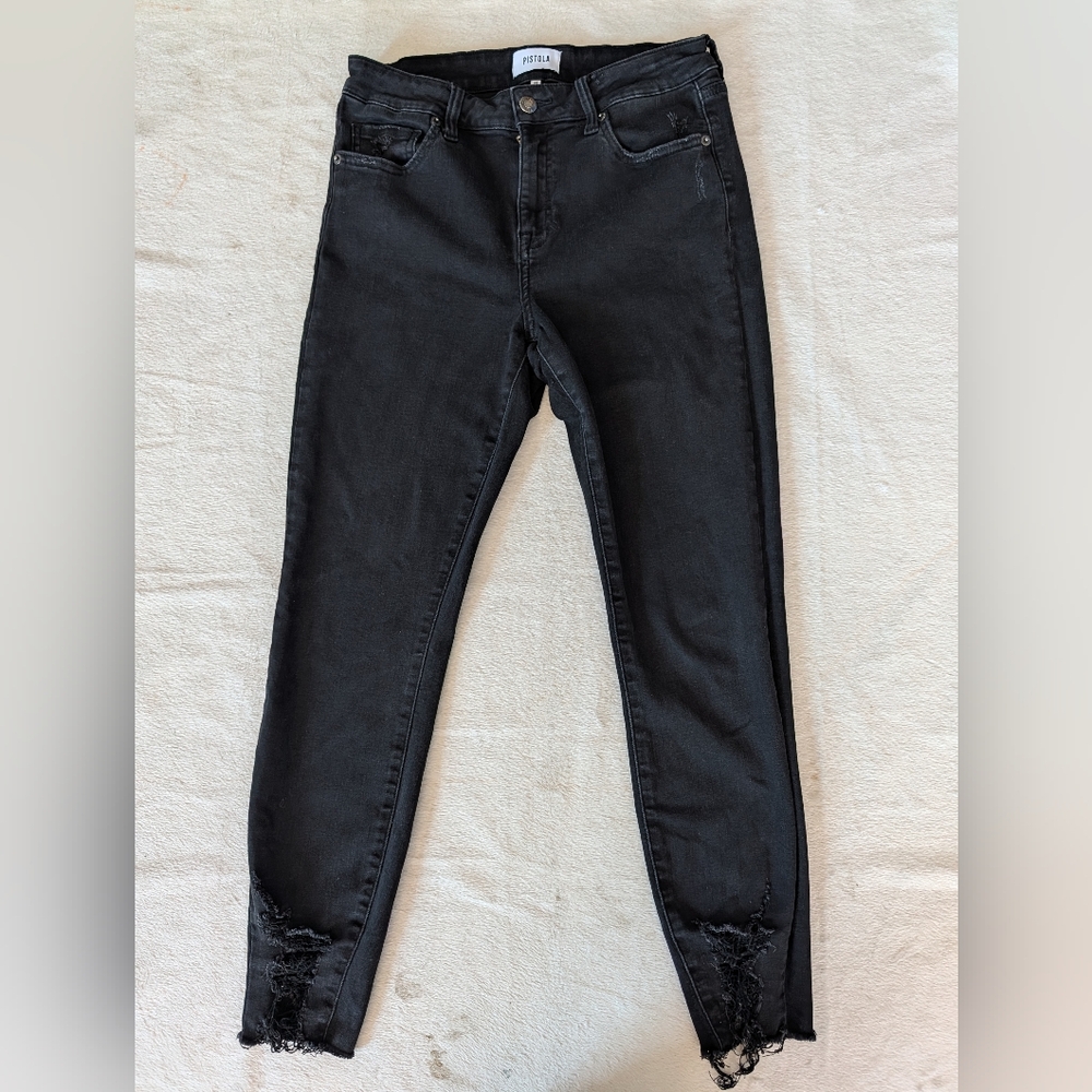 Pistola Jeans Womens 29 Black High Rise Skinny Distressed Raw Hem Denim P6730BEM